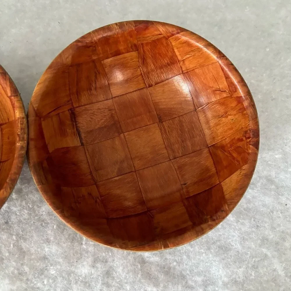 2 Vintage Wooden Woven Salad Bowls